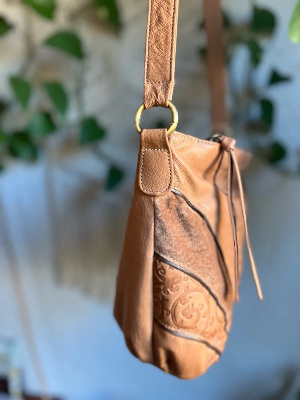 Vintage Boho Crossbody Bag Brown Patchwork Tooled Leather Style Slouchy Purse
